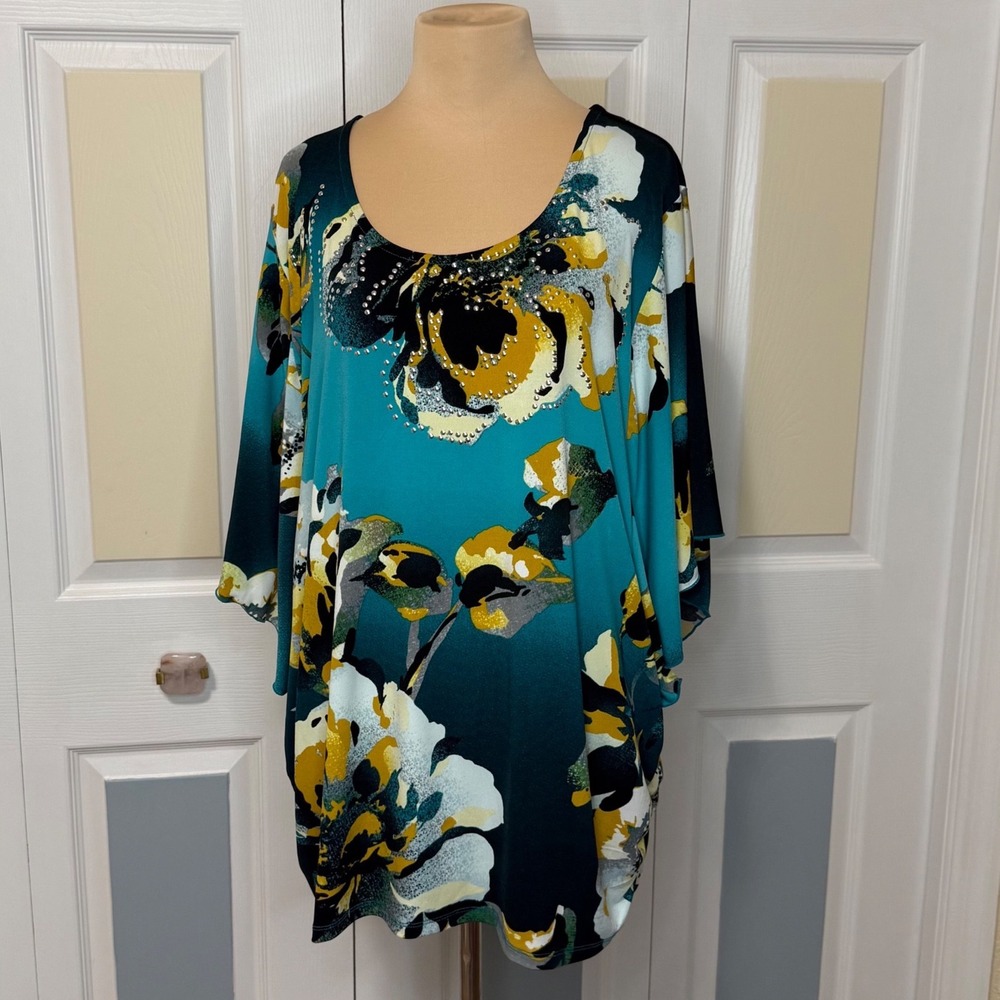 JM Collection Woman Teal Floral Studded Dolman Sleeve‎ Tunic Top 2X WPL8046